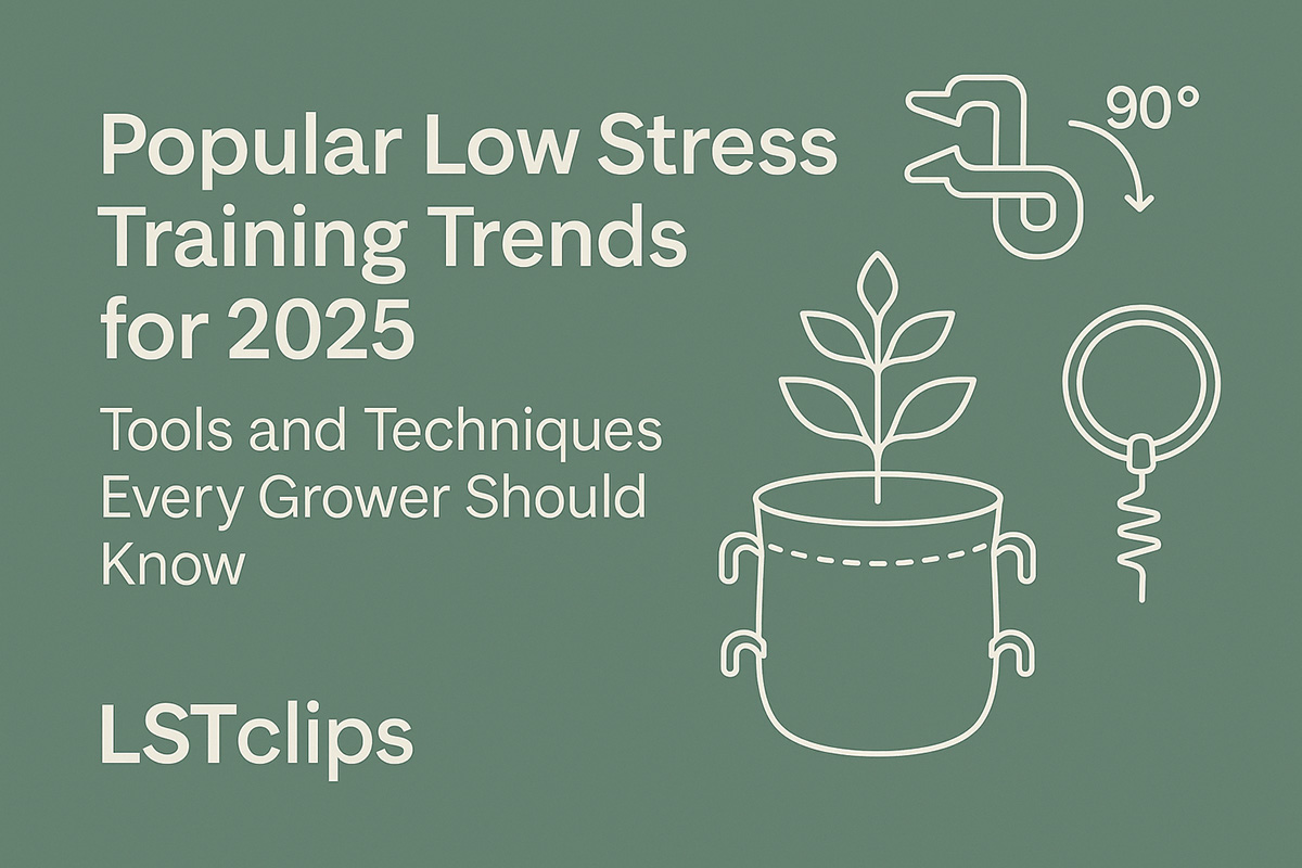 Illustration of low stress training tools for plants including adjustable clip, grow bag, and circular bender with LSTclips branding
